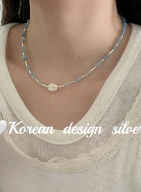 韩版简约手工小众设计银饰品S925纯银 海蓝宝项链女叠戴高级感女