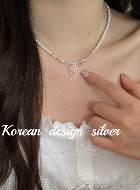 韩国气质 S925纯银施家珍珠碎银子蝴蝶结合成立方氧化锆爱心项链