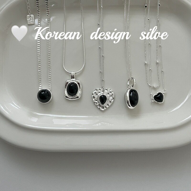 韩国新款组合锁骨链S925纯银黑玛瑙圆珠爱心项链小众高级感百搭女