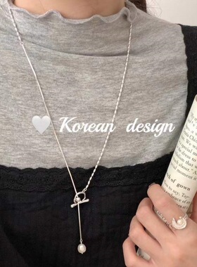 韩国ins风博主同款饰品 S925纯银秋冬ab款OT扣珍珠可调节项链优雅