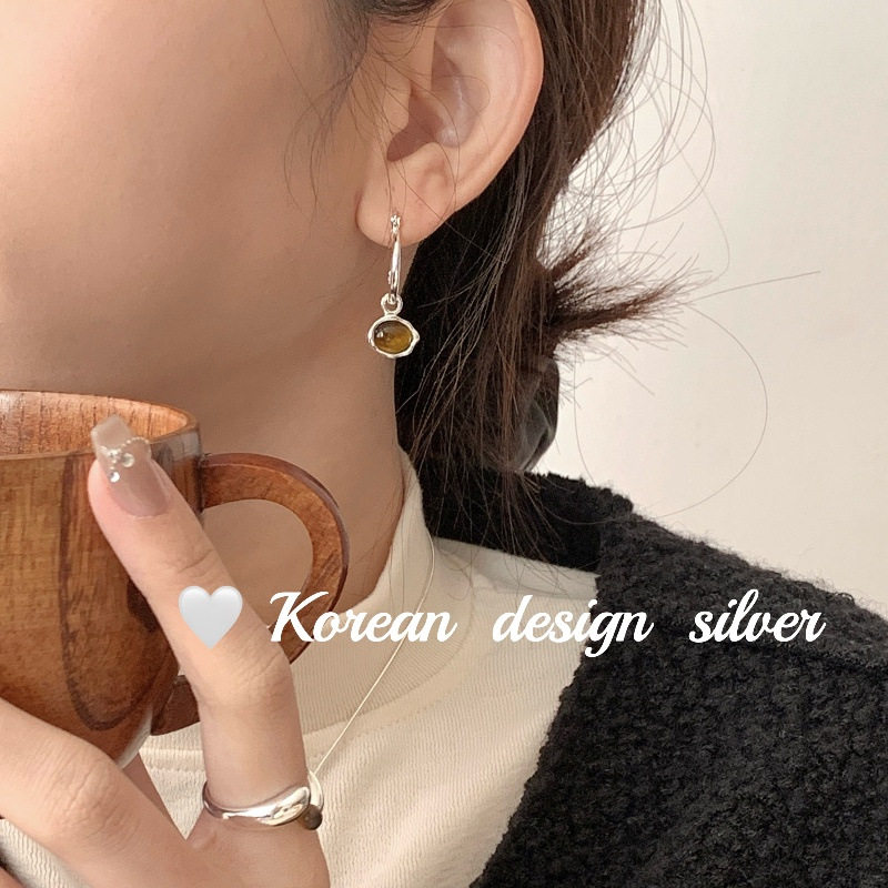 日系韩版个性简约设计耳饰品 S925纯银椭圆琥珀耳圈高级感百搭女