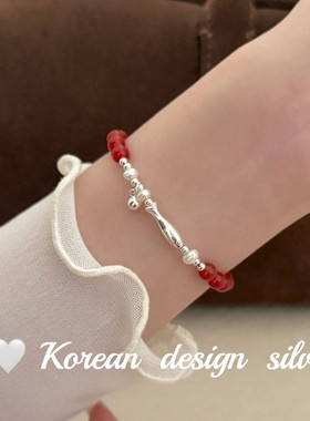 韩版ins风小众手工饰品 S925纯银立体小鱼红玛瑙珍珠手链显白叠戴