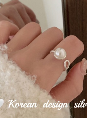 韩国小众设计ins风食指环 S925纯银气质水滴珍珠戒指简约高级