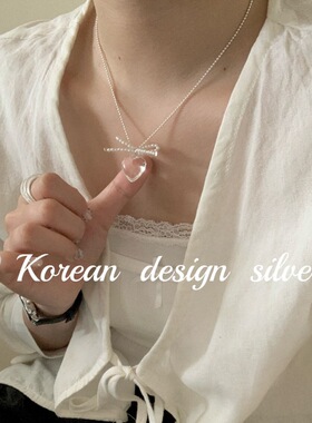 韩国东大门网红贝珠ins风项饰 S925纯银透明爱心亚克力蝴蝶结项链