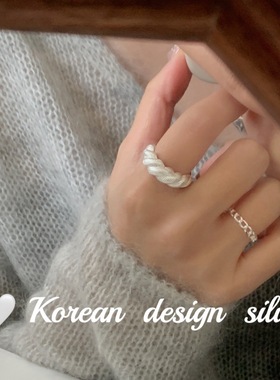 韩系复古风轻奢亮银饰品 S925纯银条纹牛角包戒指小众高级感叠戴