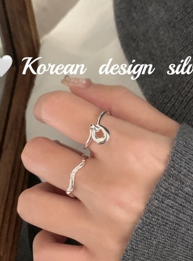 韩版小众设计感极简银饰 S925纯银简约镂空水滴吊坠戒指叠戴高级