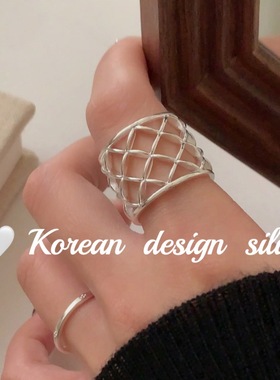 韩国2025秋冬设计师新款 S925纯银ins风重工华夫格宽版戒指高级