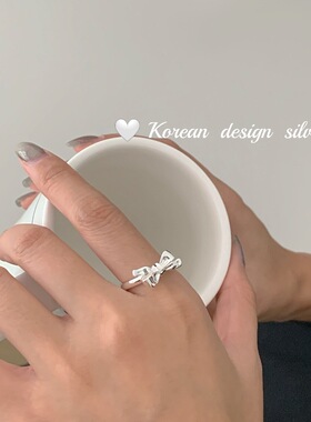 韩版简约ins风亮银首饰 S925纯银蝴蝶结戒指开口可调节叠戴百搭款