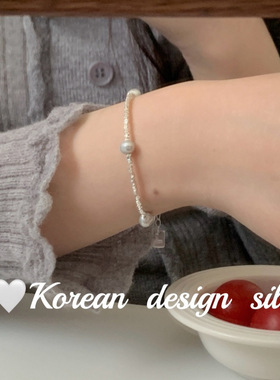 韩国ins简约感百搭手饰品 s925纯银天然灰珍珠碎银子拼接手链