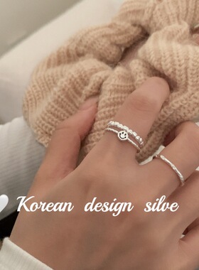 韩国ins风小清新银饰 S925纯银 滴釉笑脸双层戒指简约可爱百搭款