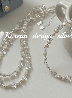 韩国ins风小众设计百搭银饰品 S925纯银随形白水晶珍珠项链高级