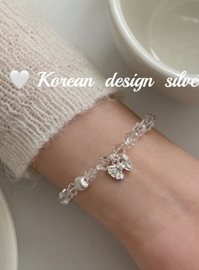 韩国简约手工银饰品 S925纯银蝴蝶结方形水晶手链女叠戴小众ins风