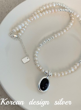 韩国ins风创意设计高级感 小众百搭饰品S925纯银双面黑白玉髓项链