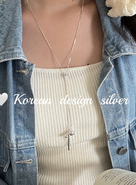 韩国秋冬毛衣链ins风 S925纯银棍子圆球长款项链 抽拉小众设计女