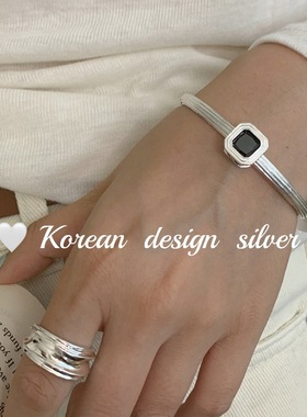 韩国ins博主同款手环 S925纯银方形三线黑钻手镯 叠戴高级感小众