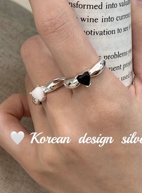 韩国小众设计高级感饰品 S925纯银黑玛瑙爱心形开口戒指女生