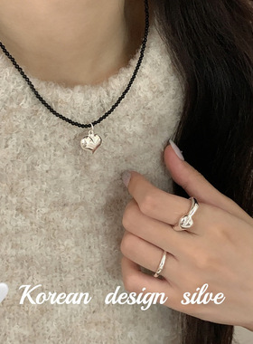 韩国ins风简约手工饰品 S925纯银爱心黑玛瑙项链叠戴秋冬高级感女