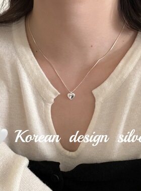 2025新款韩国东大门亮银饰品S925纯银爱心形简约时髦项链 ins锁骨