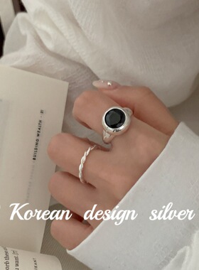 韩系个性小众设计银饰 S925纯银简约切面黑锆石戒指女高级感ins风