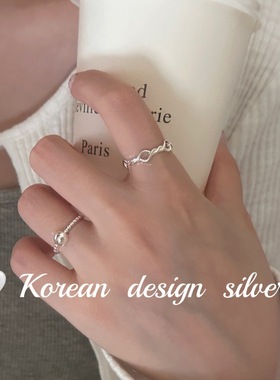 韩系ins风简约设计银饰 925纯银椭圆镂空麻花拼接戒指高级感叠戴