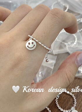 韩国ins风小众设计亮银饰品 S925纯银抽绳可调节圆点笑脸戒指