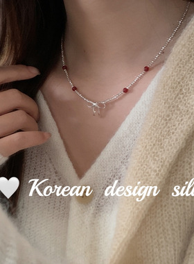 韩国ins风饰品 S925纯银蝴蝶结红玛瑙切面珠子项链叠戴气质高级感