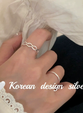 韩国小众个性高级感银饰品 S925纯银 双层波浪戒指开口叠