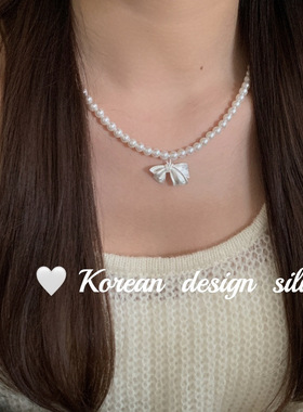 2o24款韩版手工饰品s925纯银大蝴蝶结贝珠项链女叠戴秋冬