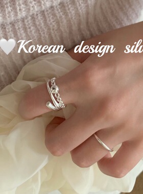 韩版ins风个性饰品 S925纯银 三层椭圆镂空拼接珠珠开口戒指百搭