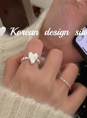 韩版性冷淡小众设计 S925纯银立体光面爱心珠珠拼接戒指高级叠戴