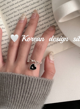 韩版ins风个性简约银饰品 S925纯银链条滴胶爱心戒指可调节指环女