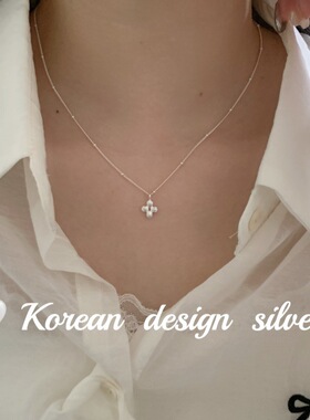 韩国ins风亮银饰品 S925纯银竖条纹镂空四叶草珠珠项链叠戴高级