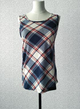 女休闲夏无袖薄款弹力红色蓝色白色菱形格子家居外穿背心柔软面料