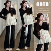 遮肉显瘦孕妇阔腿裤 孕妇装 赫本风设计感黑白拼色荷叶边孕妇上衣