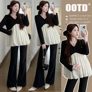 遮肉显瘦孕妇喇叭裤 孕妇装 赫本风设计感黑白拼色荷叶边孕妇上衣