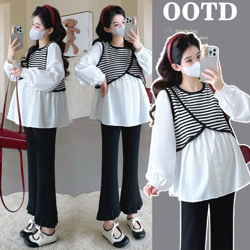 实拍高品质孕妇春款百搭减龄宽松大码显瘦拼接假2件衬衫