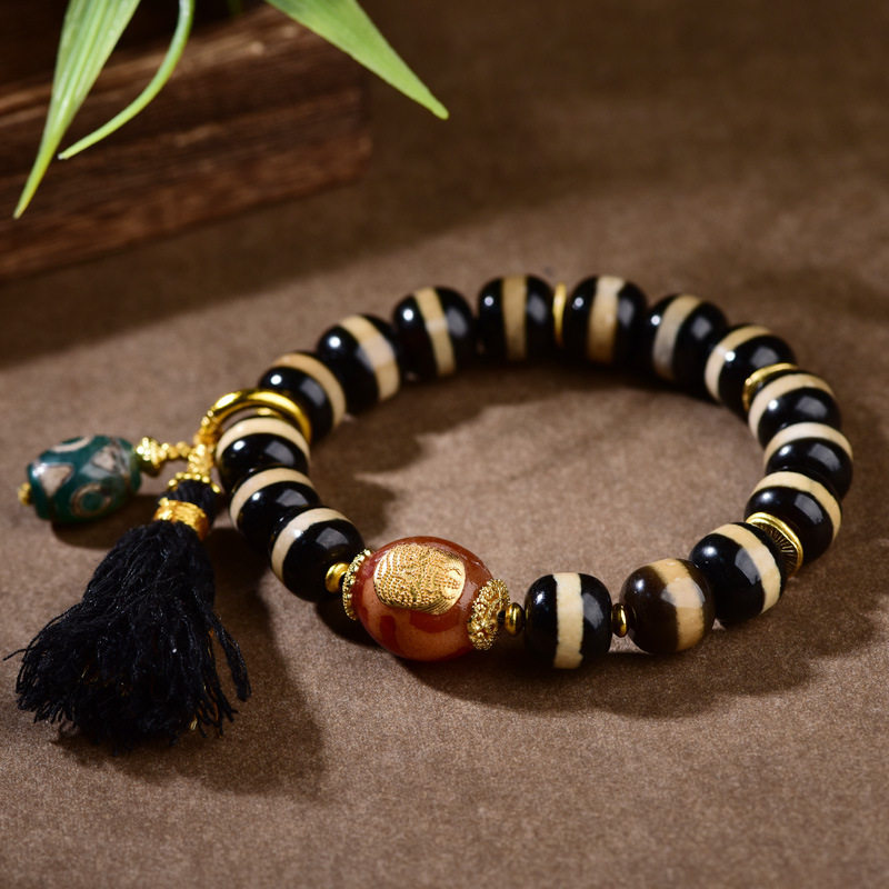 天然天珠925银镶蚀线宝瓶天珠文玩手串单圈玛瑙一线佛珠黑金手链