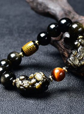 天然金曜石双貔貅手链情侣手串男女款黑色虎眼石单圈复古风手串