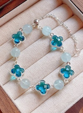 仿天然水晶仿绿发晶黑曜石四叶草手链女梦幻仙境个性设计小众手饰