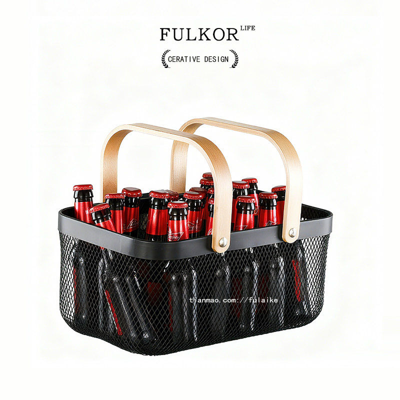 高档铁艺手提篮TKV啤酒收纳筐长方形大容量不锈钢烤漆网格铁篮子