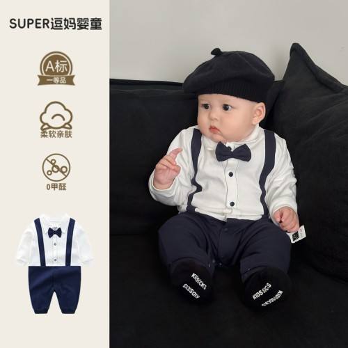 小月龄男宝宝秋装外出服帅气风2026新款秋装假两件绅士服满月百天