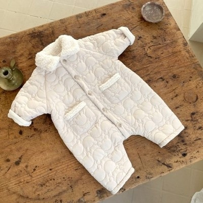 ins韩版男女婴童冬款翻领口袋长袖薄棉连身衣爬服夹棉加绒长爬潮