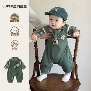 秋季婴儿衣服男宝痞帅风套装时髦韩系婴幼儿背带衬衫两件套学院风