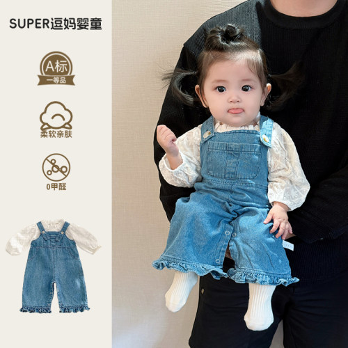 女宝早秋套装可爱休闲风时髦洋气婴幼儿牛仔背带裤两件套周岁服潮