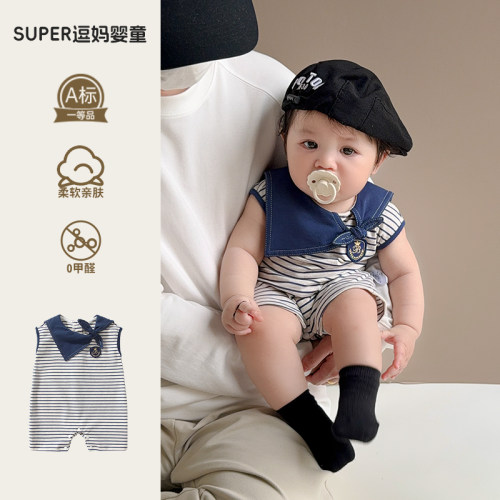 小月龄夏季外出服婴儿夏薄款衣服超韩洋气婴幼儿海军风爬服百日服