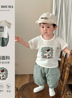宝宝夏季套装韩范男童超萌卡通短袖上衣洋气百搭格子裤分体两件套