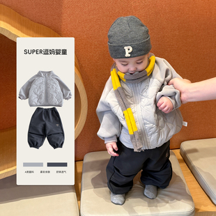 周岁男宝冬装时尚韩版帅气男童加厚棉衣冬款加绒裤百搭分体两件套