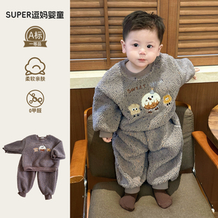 婴儿洋气小冬装套装男宝宝衣服冬季可爱超萌韩系婴幼儿羊羔绒分体