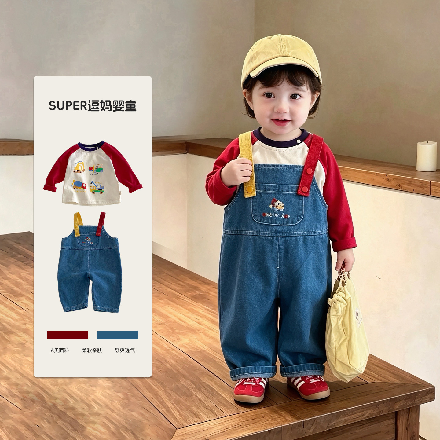 男宝宝早秋套装小男孩衣服秋装时尚洋气牛仔背带T恤两件套炸街款