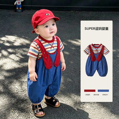 男宝夏套装时尚韩范洋气婴儿衣服夏款背带连体裤T恤两件套夏季薄